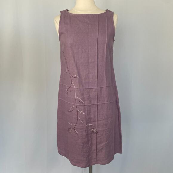 Vintage Shift Dress Size Medium Petite MP Purple Linen Embroidered Sleeveless - Picture 2 of 14